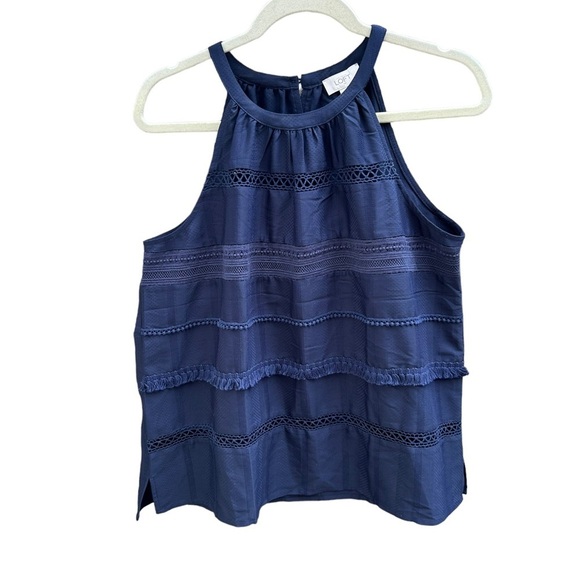 LOFT Tops - LOFT NAVY BLUE HIGH NECK FRINGE SLEEVELESS TOP